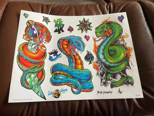 (Lote 27) Hoja de papel de arte flash tatuaje vintage Kelly Gormley 2002 serpientes