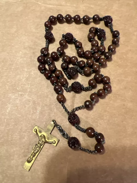 VTG Antique Carved Wood Beads Steel Chain Brass Cross Crucifix Rosary 👀INRI