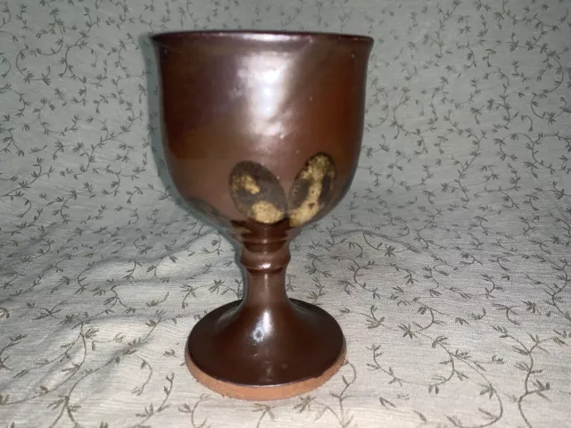 Vintage Brown Art Pottery Goblet Chalice Stoneware Wine Glass Flowers Glazed