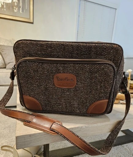 VTG PIERRE CARDIN Brown Tweed Carry On Shoulder Bag w Strap Unisex