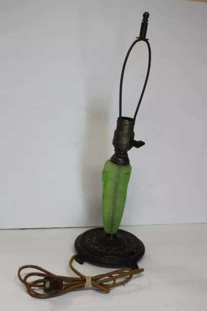 Vintage Art Deco Glass Table Lamp Cast Iron Base Green Uranium GLASS AMAZING!