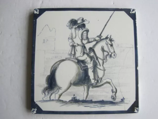 8" Antique Minton Hollins Hand-Painted English Civil War Tile C1875 - Cavalier