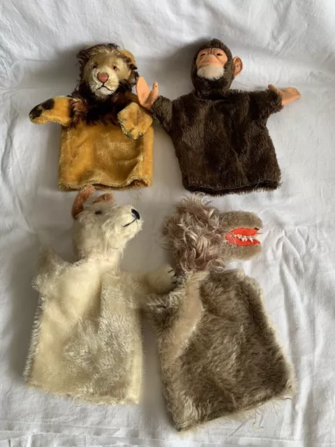 4x Steiff Handspielpuppe Hund/Foxy Löwe/Leo Affe/Jocko Wolf Vintage antik