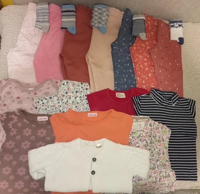 Girls' 9-12, 12-18 months bundle leggings, tops, socks, knitted sweater 20 items