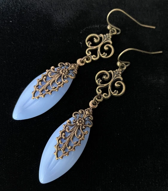 Art Nouveau Earrings Brass Filigrees W/ Antique Pale Blue German Glass Petals