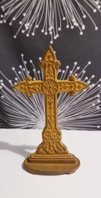 Rustic Ornate Cast Iron Metal Standing CROSS Religious Home Decor