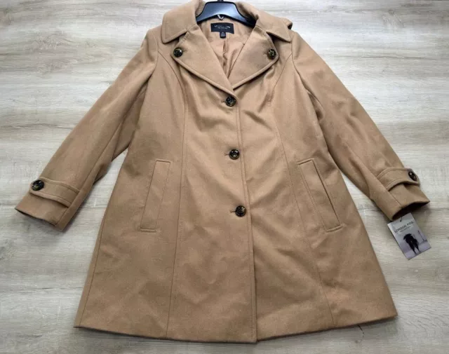 NWT London Fog Womens Coat Camel XL Single Breasted Hooded Trench Wool Polyester