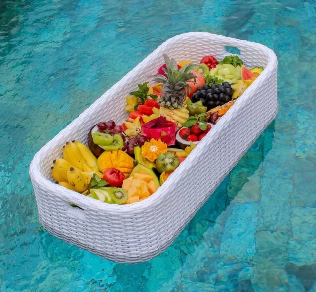 Floating Serving Tray Table Pool Spa Bath Rattan Style Hand Woven In Bali(White)