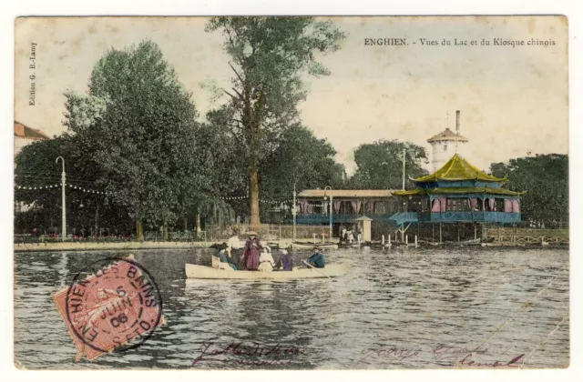 Cpa 95 Enghein 1906. Kiosque chinois au bord du Lac. Animée. Dos divisé, écrit.