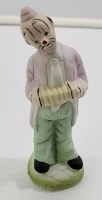 *R) Vintage Bisque Porcelain Hobo Circus Clown with Accordion Figurine