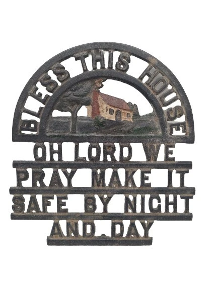 Vtg Cast Iron Trivet Bless This House Oh Lord We Pray Farmhouse