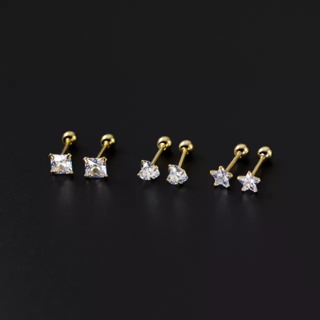 925 Sterling Solid Silver Plain Crystal Star/Heart/Square Stud Earrings Studs