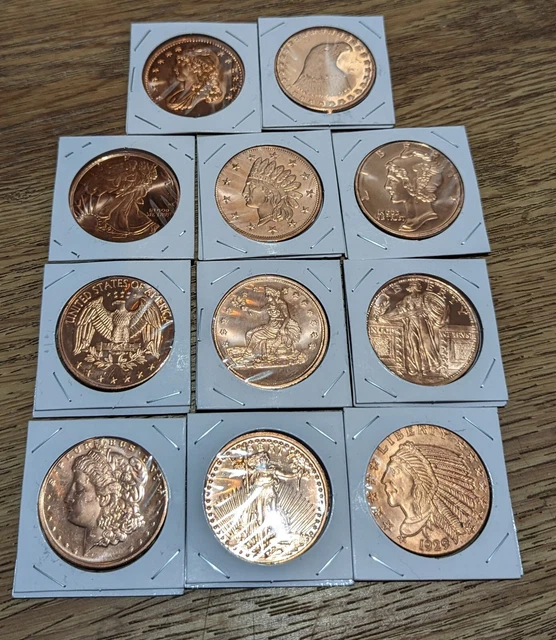 Lot Of 12 Copper 1 Oz Rounds Different Designs Trade Mercury Morgan Aztec!!!!!!