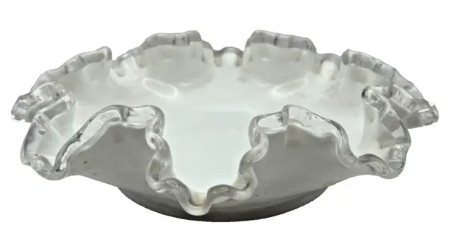 Vintage Fenton White Milk Glass Silver Crest 8" Ruffled Decorative Bowl