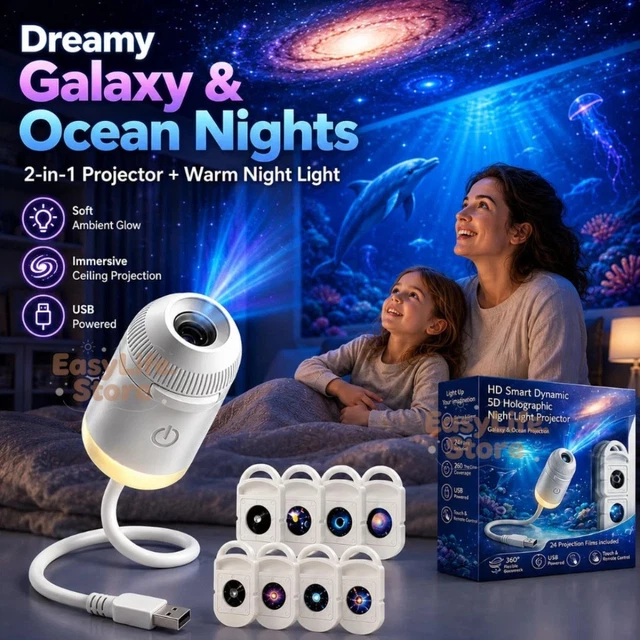 5D HOLOGRAPHIC GALAXY Ocean Projector, 360° Adjustable 24 Films USB -UK ...