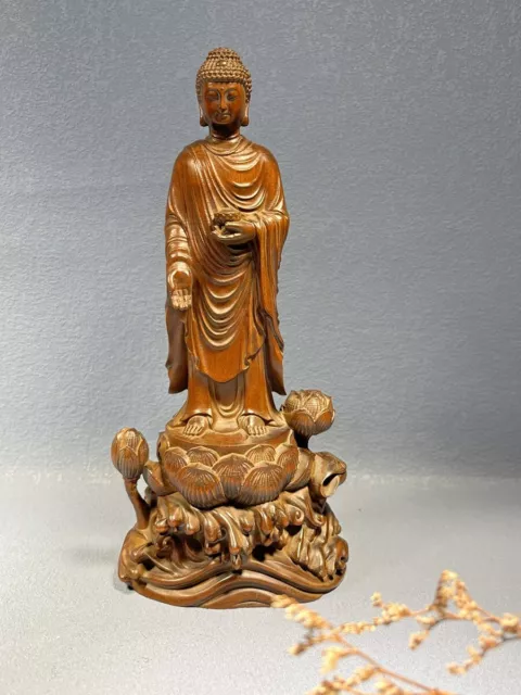 Chinese Antique Boxwood Carved Exquisite Lotus Tathagata Buddha Statue Sculpture