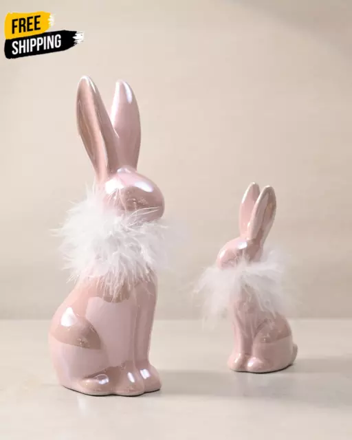 Easter 2PCS Bunny Figurine Decor Pink and White Ceramic Rabbit Statues with Fluf