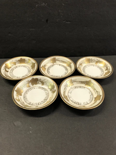 Vintage Antique Gold Vine 5” Berry Bowls Lot Of 5 Silesia Hand Painted China