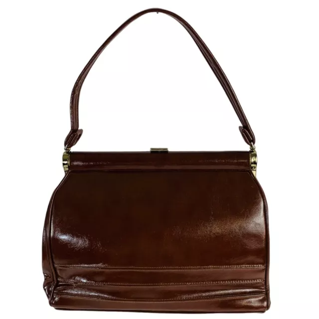 Vintage Womens Retro Top Handle Frame Purse Brown Faux Leather Handbag Clasp