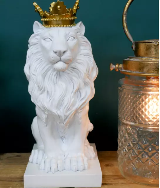 Sitting White Lion with Gold Crown 28cm Sculpture Ornament