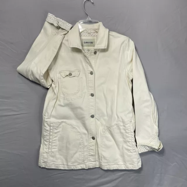 Orvis Women’s OFF WHITE Denim Style Long Jean Jacket size Small cotton stretch