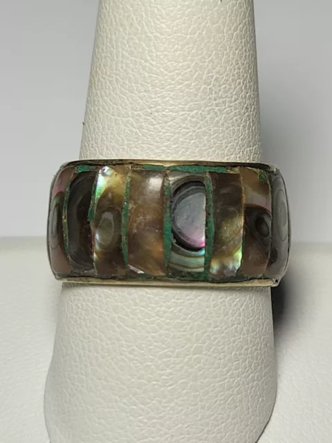 vintage unisex Taxco Mexico sterling silver Abalone inlay band ring sz 10.5