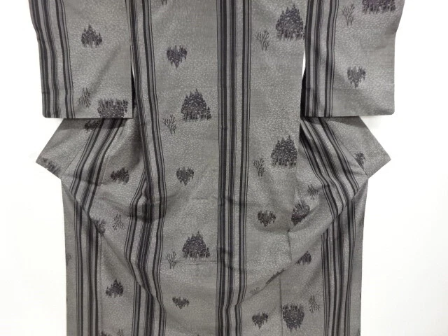 6553270: Japanese Kimono / Vintage Kimono / Tsumugi / Woven Trees & Stripe