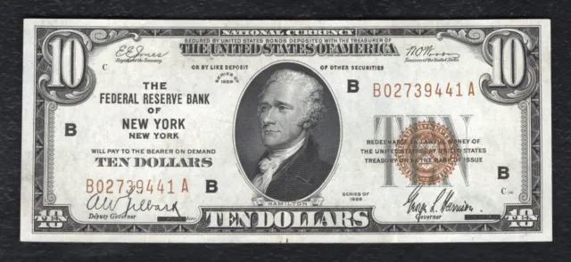 Fr. 1860-B 1929 $10 Frbn Federal Reserve Bank Note New York, Ny About Unc