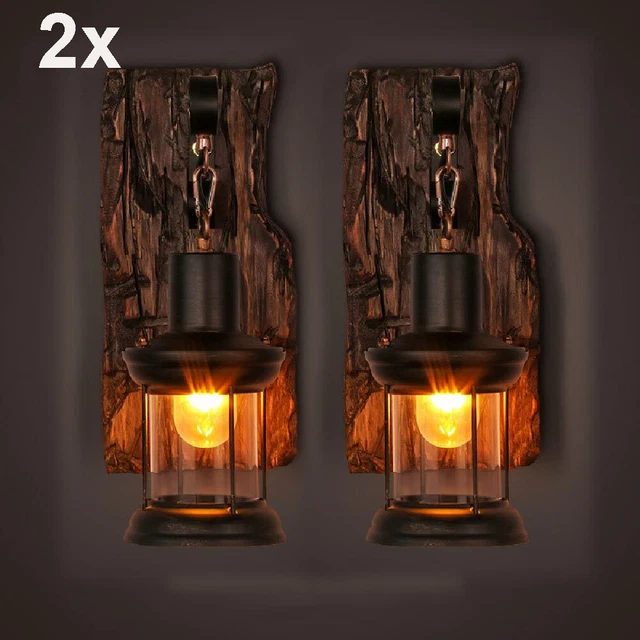 2xAntik Retro Vintage Industriell Holz Wandleuchte Wand Lampe Wandleuchter Licht