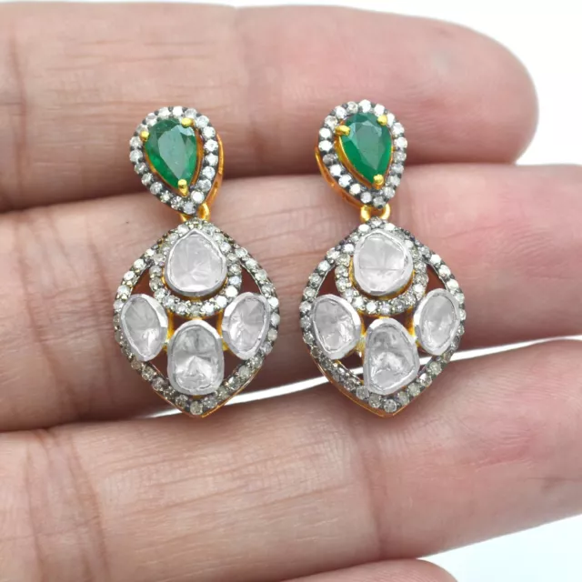 Pendientes Polki de diamante esmeralda natural rodio enchapados en oro de ley 925 3