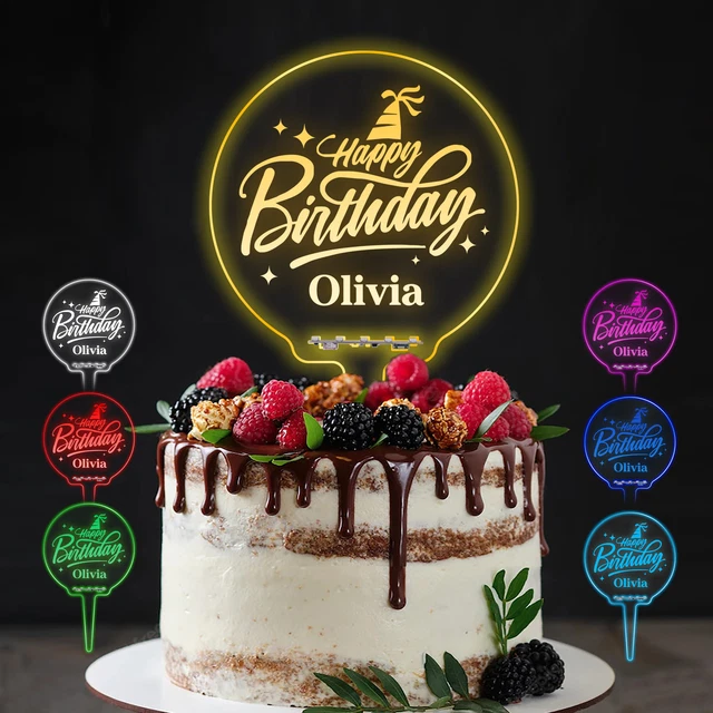 PERSONALISED CAKE TOPPER 7 Colors LED Light Up Happy Birthday Cake