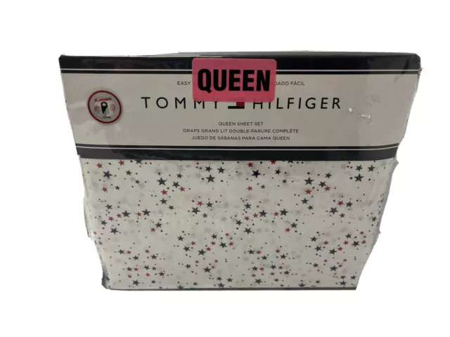 Tommy Hilfiger QUEEN Sheet Set White With Stars Easy Care Cotton Blend NEW