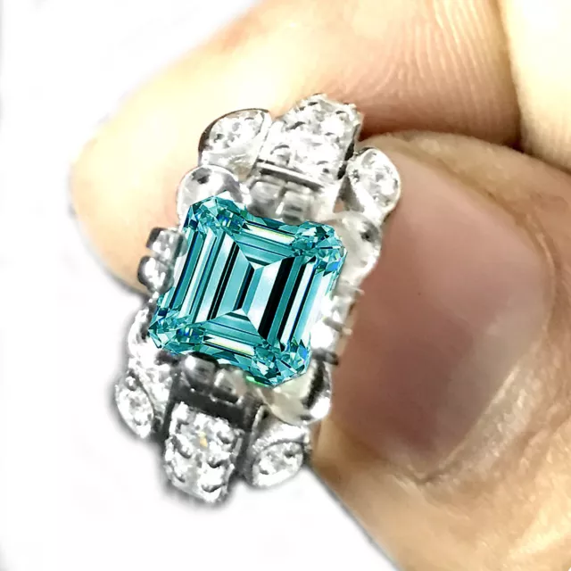 2+Ct Blue Color Emerald Moissanite Diamond Engagement Ring 925 Sterling Silver