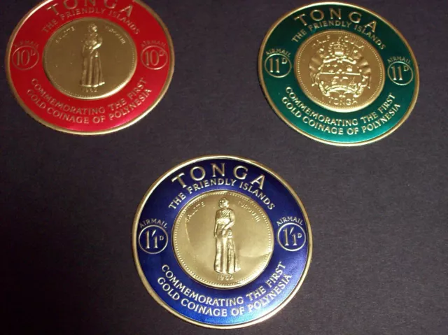 TONGA set of 3 large 54 mm stamps / MNH Embossed on Gilt Foil - RARE from 1965