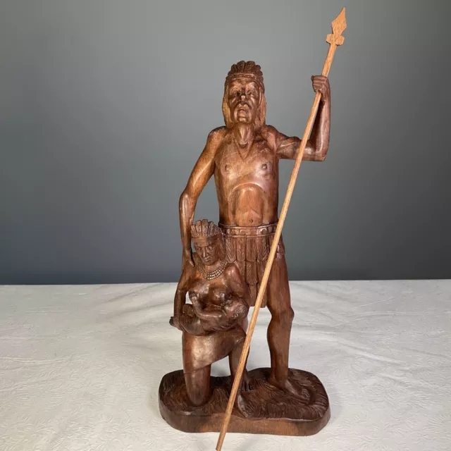 Native American Indian Male Female Carved Wood Statue Sculpture