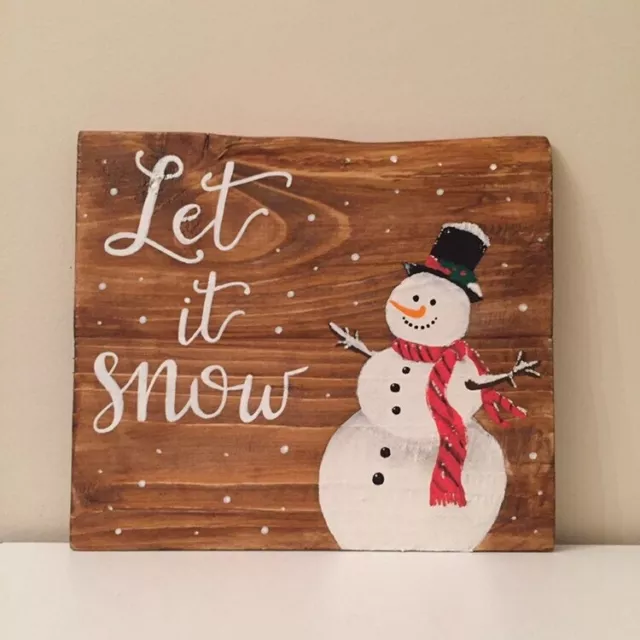 Decorazione Natale vintage Let It Snow in legno dipinta a mano pupazzo di neve
