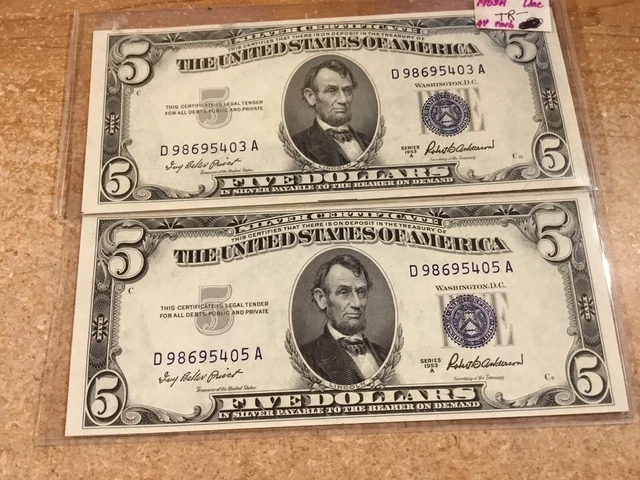 1953-A $5 Bill Close Serial #- BLUE SEAL SILVER CERTIFICATES-BU-403 & 405