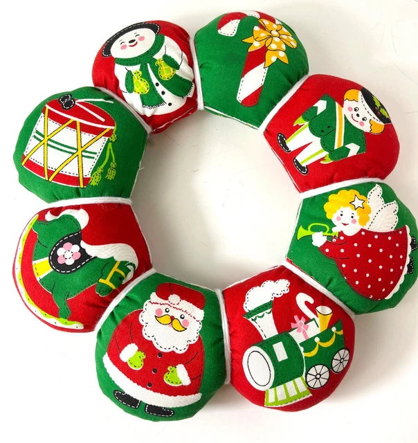 Vintage Handmade Quilted Fabric Christmas Wreath Red Green Toys 13" Santa Angel