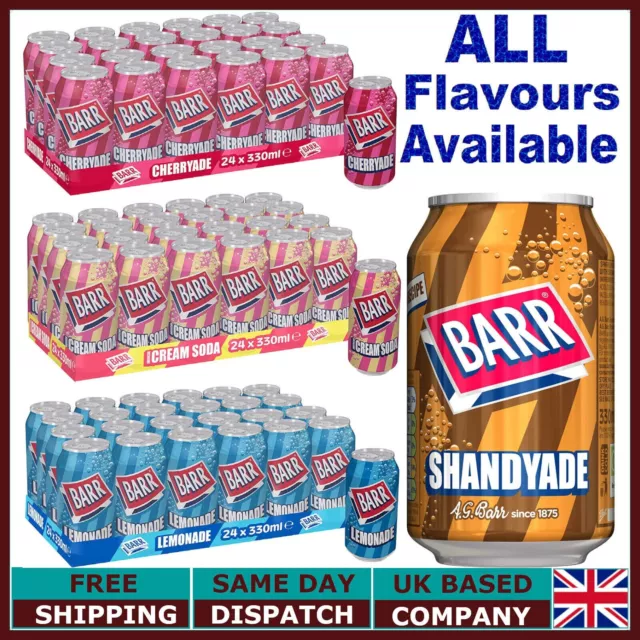 Barr American Cream Soda, Cherryade, Shandy Fizzy Drink Cans, 330 ml Pack of 24