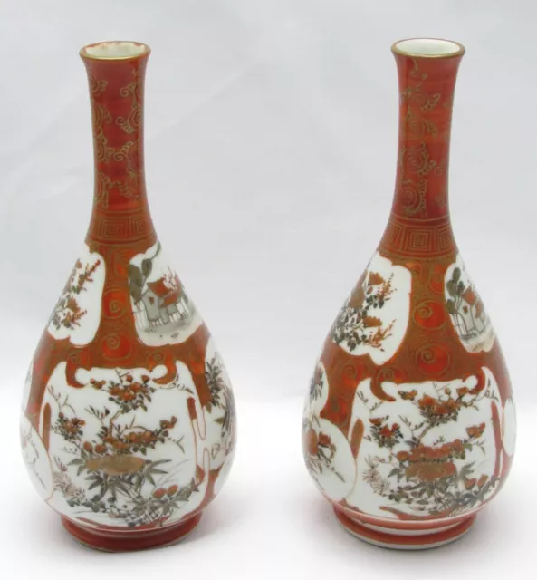 Antique Japanese 19th C. Meiji  Kutani Hand Painted Porcelain Vases Pair Flowers