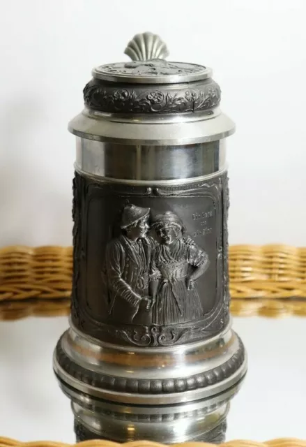 Vintage Pewter Beer Stein Hunter With Rifle And Woman Embossed