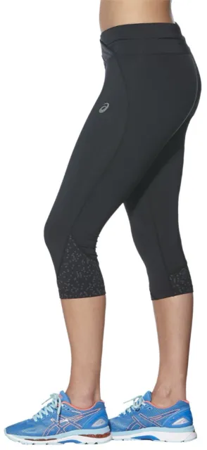 Women's New ASICS Capri 3/4 Leggings Running Tight Fitness Gym Sports - Black