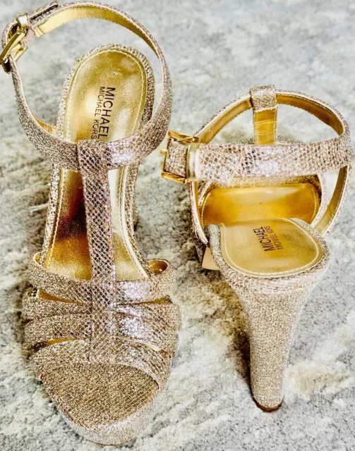 Michael Kors Gold Metallic Ankle Strap Platform Heels Shoes 7M Style 18A