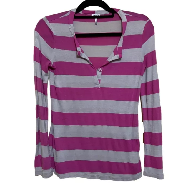 Splendid Women's Small Pink Striped V-neck Button Long Sleeve Lightweight