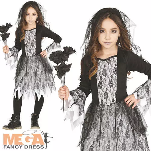 Gothic Ghost Bride Fancy Dress Girls Halloween Kids Childrens Costume Outfit