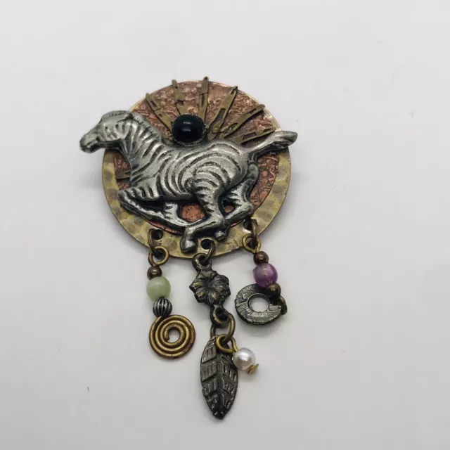 Artisan Studio Made Copper Brass Pin Brooch Horse Beaded Running Circle