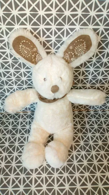 Doudou peluche  lapin blanc bandana marron 22 cm Nicotoy
