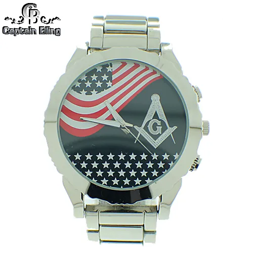 Masonic Watch w American Flag on Dial & Silver Tone Metal Band Brand New