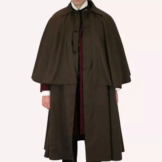 Men's Inverness Brown Cotton Cape Coat Halloween Long Cape Coat