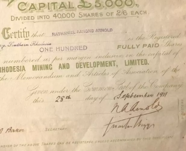 Antique 1911 Share Certificate Rhodesia Mining and Development Limited 3